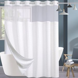 Conbo Mio Extra Wide No Hook Shower Curtain with Snap in Liner Set, 108" x 74" Hotel Luxury White Fabric Shower Curtains for Bathroom with See Through Top Window, Washable, Waterproof 108W x 74H