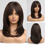 EMMOR Dark Brown Wigs for Women Shoulder-Length Layered Wigs with Bangs Heat Resistant Synthetic Fibre Wigs