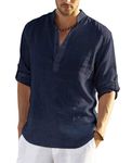 COOFANDY Men's Casual Long Sleeve Henley Shirts Cotton Linen Premium Beach T-Shirt Dark Blue