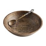 Mud Pie Wooden Blessings Serving Bowl Set, Brown, Bowl 4" x 14" Dia | Spoon 11"