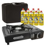 Portable Gas Cooker Camp Stove + 8 Butane Gas Canisters - For Outdoor Camping, Fishing, Cooking & BBQ | Premium Burner, Automatic Ignition & Heat Control, EN417 Compliant - Black Grill & Carry Case