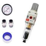 RIH 1/4" NPT Auto Drain Compressed Air Filter Regulator Combo Piggyback, 5 Micron Brass Element, Poly Bowl, Metal Bracket, 0-150 psi Gauge Air Tool Compressor Filter with Gauge (1/4" NPT)