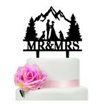 YzYbuaego Mountain Wedding Cake Topper, Mr & Mrs Cake Topper, The Couple With Dog At Outdoor Wedding, Forest Theme Cake Topper, Outdoors Wedding Cake Topper (Mountain and Dog)