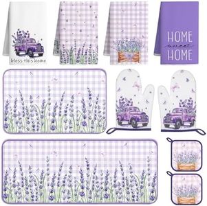 Vetoxka 10 Pcs Lavender Kitchen Dish Towels Rugs Oven Mitts and Pot Holders Set Farmhouse Kitchen Decor Set for Women Mom Daughter Gift Cooking Baking Grilling (Pastel Purple White)