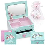 Amitié Lane Unicorn Musical Jewelry Box for Girls - Unicorns Gifts For Girls - Music Box For 5 Year Old Birthday Gifts or Ages 6, 7, 8, Kids Jewelry Box, Unicorn Bedroom Decor For Little Girl (Mint)