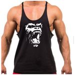 Crown Designs Gorilla Roar Bodybuilding Weight-training Sports Stringer Vest Top with Y Back Racerback Fit for Men & Teens - Black with White Design/Large