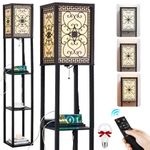 LOKHOM Floor Lamp with Shelves, Vintage Carved Design Floor Lamp with Remote Control & USB A+C & AC Outlet, Storage Display Standing Lamp with 3 Color Temperature Dimmable for Living Room Bedroom