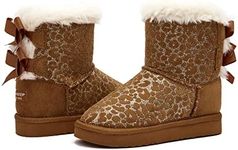 Weestep Girls Toddler Little Kid Warm Fur Winter Ankle Flat Snow Boot, Bow Glitter Brown, 12 US Little Kid