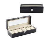 Watch Box, FOME 6 Slots PU Leather Storage Organizer for Watch Lockable Watch Case Organizer Jewelry Display Box with Protective Belt 6 Removable Pillows Framed Glass Lid for Men Women