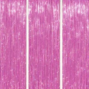 DECOCKRAT 3 Pack Foil Fringe Backdrop - Laser Pink Shiny Tinsel Curtains for Party Decoration/Photo Booth Props - 3.3x8.2 FT Metallic Foil Backdrop for Birthday, Wedding, Graduation, Christmas.