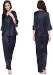 LilySilk Silk Pajama Sets for Women 100% Mulberry Silk 3/4 Sleeves V Neck Pjs Sleepwear XL, Navy Blue