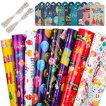 GAOHUI Gift Wrapping Paper, 8 Sheets Birthday Wrapping Paper Recyclable Gift Wrap Sheets with 10 Gift Tags, 2 Rope, Perfect for Birthdays, DIY, Easter, Any Occasion(70 X 50cm)