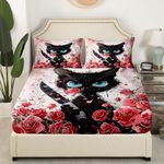 Black Cat Fitted Sheet Queen Size Red Rose Bedding Set Cartoon Cat Sheet Set,Watercolor Flowers Bed Cover Ultra Soft Breathable Bedspread 3 Pcs for Kids Teens Boys