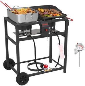 FIRE RIOT Outdoor Propane Deep Fryer and Griddle Combo, Portable 2-in-1 Cooking Station with Double Burner Propane Stove and Wheels, Ideal for Outdoor BBQ, Camping, and Tailgating