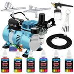 3 Airbrush Kit with 6 U.S. Art Supply Primary Airbrush Colors and Master Airbrush Pro Airbrush Compressor - Air Filter/Regulator- Holder - 2 Gravity Feed Dual Action Airbrushes and 1 Suction Airbrush