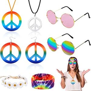 7 Pièces Ensemble de Deguisement Hippie, Rétro Accessoires Hippie avce Collier de Signe de Paix Lunette Hippie Bandeau Boucles D'oreilles pour Femme Homme Fête des Années 60 70 80