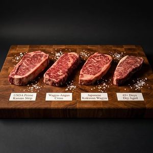 NY Strip Steak Sampler — 4 Premium Cuts: G1 Certified, American Wagyu, BMS 8-9 Japanese Wagyu, 60-Day Dry-Aged | Tasting Flight Gift Box | Restaurant Quality, Ships Frozen