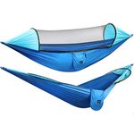 G4Free Large Camping Hammock with Mosquito Net Pop-up Parachute Lightweight Hanging Hammocks Tree Straps Swing Hammock Bed for Outdoor Backpacking Backyard Hiking(Blue/Light Blue)