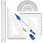 Coopay 7 Pieces Math Geometry Tool Set Includes Plastic Ruler, Triangle Ruler, Protractor, Compass, Pencil Lead, Pencil Sharpener for School Home Office Supplies