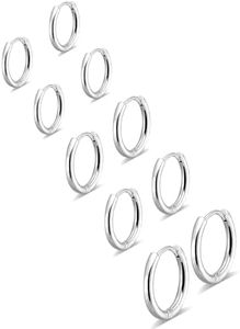 Gokeey 5 Pairs 316L Stainless Steel Small Hoop Earrings Set, Cute Helix Huggie Earrings for Women Men, Hypoallergenic Tiny Cartilage Earrings Hoop Silver Hoop Earrings for Multiple Piercing Jewelry Gift 6mm 6mm 8mm 8mm 10mm