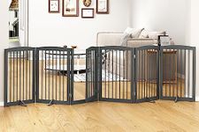 PUPETPO Freestanding Pet Gate with Door, Tall Dog Gate for House, Dog Gates for The House Extra Wide, Pet Puppy Safety Fence, Support Feet Included, 120 Inch Wide, 6 Panels 32" Tall, Gray