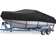 Big Ant Trailerable Boat Cover 600D Heavy Duty Waterproof Marine Grade UV Resistant fits V-Hull Tri-Hull Boat Reinforced Windproof Side Straps (17'-19' Long, 600D, Beam Width to 102")