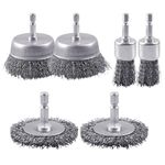 AOKLIT 6 Pack Carbon Steel Drill Wire Brush, 1/4-Inch Hex Shank, Cup/ Wheel/ Pen Brush Set for Rust Removal, Corrosion and Scrub Surfaces