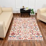 HOMA DORN Homadorn Handmade Sustainable Printed Modern Dhurrie/Rugs/Carpet Recycled Fabric for Living Room/Bedside Runner for Enhanced Decor (4 feet x 6 feet, Cream Floral)