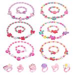 Naler 6 Sets Beaded Jewelry Set for Girls Necklace Bracelet Set Girls DIY Wooden Beaded Jewelry Set for Birthdays Children's Parties,Pink,Purple,White