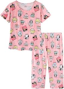 CHUNG Women Cotton Pajamas Set Short Sleeve Top Capri Pants Sleepwear Plus Size, (XL, Red Coffee Cat)