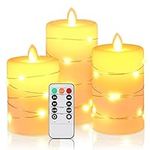 HIYAA LED Flameless Candle, LED Candles with Embedded String Lights, 3 Pack Battery Operated Candles with Remote Control, 24-Hour Timer Function, Dancing Flame, Real Wax