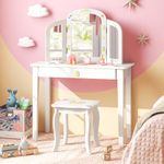 COSTWAY Kids Vanity Table and Stool Set, 2 in 1 Wooden Dressing Tables with Tri-folding Mirror, Large Drawer, Cute Pineapple Themed Pretend Dresser Desk for Children