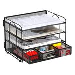 EasyPAG 4 Tier Desktop A4 Mesh Filing Tray Office Desk Tidy File Holder Paper Organiser Magazine Storage Rack with Stationery Drawer,Black