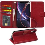 Arae Case for iPhone Xr, Premium PU Leather Wallet case [Wrist Strap] Flip Folio [Kickstand Feature] with ID&Credit Card Pockets for iPhone Xr 6.5 inch (Wine Red)