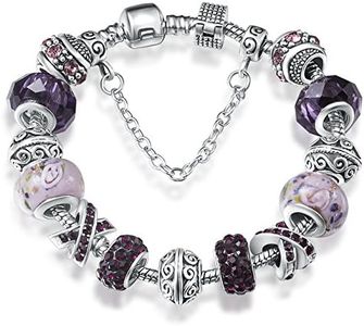 A TE® Bracciale Charm Viola Vetro Cristalli Catena Sicurezza Regalo #JW-B139