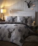 De Cama Tartan Check Stag Single Duvet Quilt Cover Bedding Set, Cotton and Polyester, Black and Grey