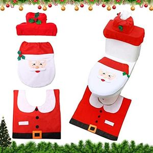 TIANHOO Decoraciones De Baño De Navidad, 3 Piezas Juego de Decoración de Baño, Cubierta de Asiento de Inodoro, Alfombra de Inodoro, Cubierta de Tanque de Agua de Inodoro con Tapa de Caja de Pañuelos