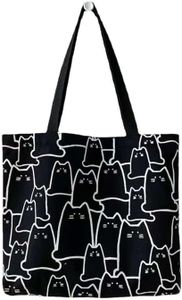 Komociya Cute Cat Canvas Tote Bag Aesthetic with Zipper Reusable Grocery Shopping Bag for Women, Blackc, Large