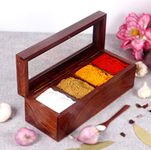 Creation India Craft Wooden Spice Box For Kitchen Masala Dabba Masala Box Spice Masala Dabba Spice Jars 4 Large Partition With Spoon & on Top Glass Table Top Kitchen Storage Boxes, Brown