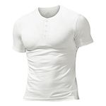 Men's Slub Henleys T-Shirt Short Sleeve Lightweight Relaxed Fit Casual with 3 Buttons Placket Round Neck Shirts Color White Size L