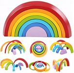 Afunti Wooden Rainbow Stacking Game Nesting Stacker Puzzle Blocks, Color Shape Matching Educational Learning Toys for Kids Baby Toddlers 3 4 5 6Years Old and Up