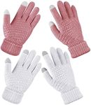 2 Pairs Women's Winter Touchscreen Gloves Warm Fleece Lined Knit Gloves Elastic Cuff Winter Texting Gloves, White, Pink