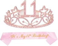 MEANT2TOBE 11th Birthday Sash and Tiara for Girls - Fabulous Glitter Sash + Stars Rhinestone Pink Premium Metal Tiara for Girls, 11th Birthday Gifts for Princess Party