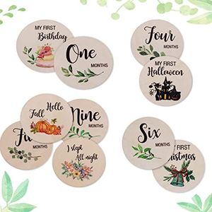 Wooden Baby Monthly Milestone Cards,10Pcs Baby Monthly Milestone Cards,Baby Monthly Milestone Cards Sign,Double Sided Marker Wooden Circles Discs, Baby Announcement Sign for Photo Prop Baby Shower