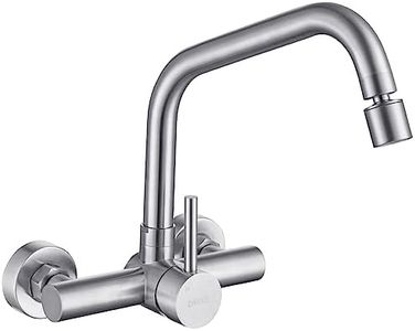 ONECE Grifo Cocina en la Pared con 2 Modos, Grifos Cocina de Pared con Rociador de Caño Giratorio, Mezclador Monomando con Salida de Agua Giratorio de 360°, Acero Inoxidable 304, Aireador Extraíble