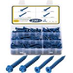 Krysay 230Pcs Concrete Screws Assortment Kit,1/4 3/16 Masonry Screws for Concrete Brick,4 Sizes Flat & Hex Head Block Cement Stacoo Screws and Anchors,Diamond Point,Blue Coated,Self Tapping.