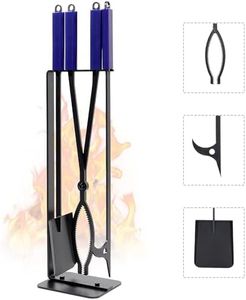 CKLT Fireplace Tools Set Indoor, 28" Fire Poker Fire Tongs and Shovel, Wrought Iron Firewood Tongs with Metal Stand and Rubber Handle Log Grabber for Fire Pit Ash Shovel for Campfire Backyard Bonfire