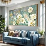 framed abstract Wall Art White Flowers Elegant Modern Picture, Foil Gold Rustic Painting Colorful Turquoise Floral 60"x120" Large Size Teal Artwork for Living Room