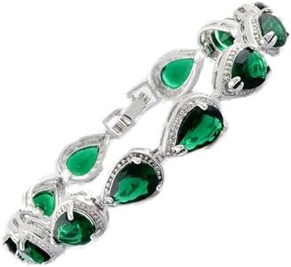 RIZILIA Tennis Bracelet & Pear Cut CZ [Simulated Green Emerald] in White Gold Plated, 7"