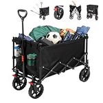 Finnhomy Folding Trolley on Wheels with Brake, Festival Trolley, Collapsible Beach Trolley with Removable Wheels, Camping Trolley 100KGs Capacity, Garden Trolley Wagon with Drink Holders